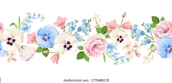 Vector horizontal seamless border with pink, white and blue lisianthuses, pansies, bluebells and forget-me-not flowers on a white background.