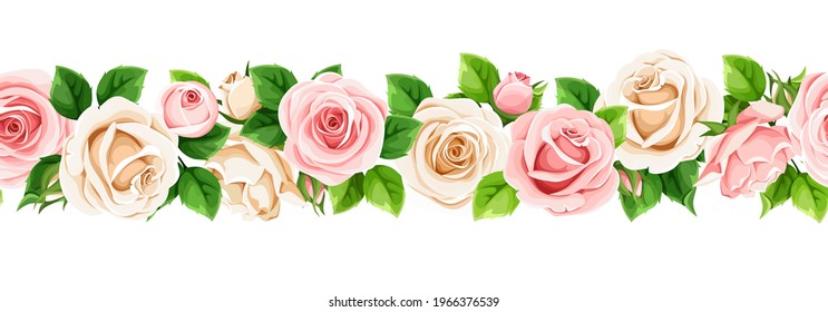 Vector horizontal seamless border with pink and white rose flowers.