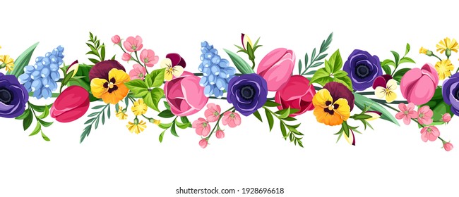Vector horizontal seamless border with red, pink, blue, purple and yellow tulips, pansies, anemones, hyacinth and cherry flowers.