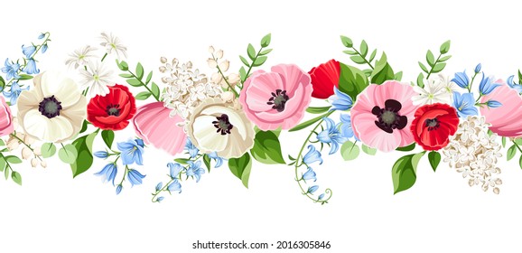 Vector horizontal seamless border with red, pink, blue and white poppy, bluebell, lilac and lily-of-the-valley flowers on a white background.