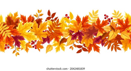 Vector horizontal seamless border with red, orange, yellow, purple and brown autumn leaves.