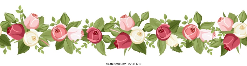 Vector horizontal seamless border with red, pink and white rose buds and green leaves on a white background.