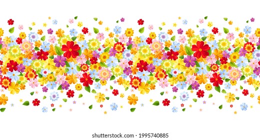 Vector horizontal seamless border with small bright colorful flowers and leaves on a white background.
