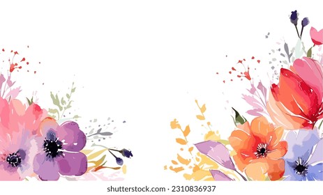 Borde transparente horizontal vectorial con ornamento de flores color agua 04