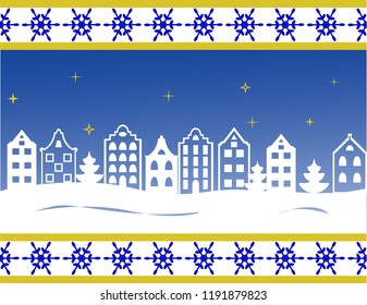 Vector horizontal seamless Christmas banner with stylized european houses snowflakes. Merry Christmas! Happy New year!