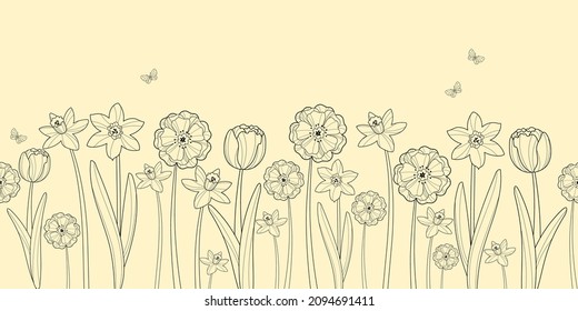 Vector horizontal seamless floral pattern border.  Daffodils, tulips and anemones drawing and sketch with linear art on a yellow background.