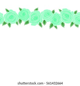 Vector horizontal seamless floral pattern with green roses and copy space (place for your text), watercolor effect.