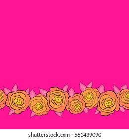 Vector horizontal seamless floral pattern with yellow, magenta and pink roses and copy space (place for your text), watercolor effect.