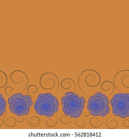 Vector horizontal seamless floral pattern with violet, green and orange roses and copy space (place for your text), watercolor effect.