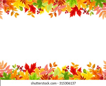 Vector horizontal seamless frame with colorful autumn leaves on a white background.