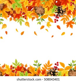 Vector horizontal seamless frame with colorful falling autumn leaves on a white background.
