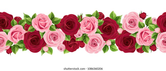 Vector horizontal seamless garland with burgundy and pink roses.