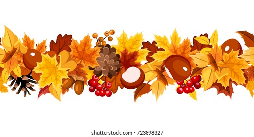 Vector horizontal seamless garland with orange, yellow and brown autumn leaves on a white background.