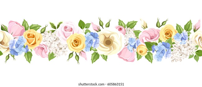 Vector horizontal seamless garland with pink, yellow, blue and white roses, lisianthuses, lilac and hydrangea flowers and green leaves.