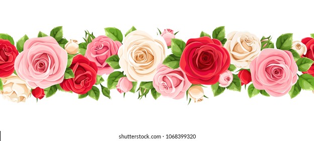 Vector horizontal seamless garland with red, pink and white roses and green leaves.