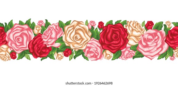 Vector horizontal seamless garland with red, pink and white roses and green leaves. - Vector