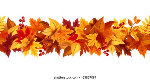 Vector horizontal seamless garland with red, orange, brown and yellow autumn leaves on a white background.