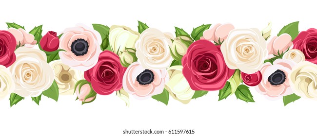 Vector horizontal seamless garland with red, pink and white roses, lisianthuses and anemone flowers and green leaves.