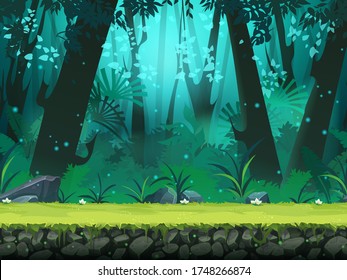 Vector Horizontal Seamless Illustration Of Background Rainforest. For Design Game, Websites And Mobile Phones, Printing, Video, Interface, Design, Handout, News-sheet, Flyer.