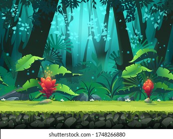 Vector horizontal seamless illustration of background rainforest with red flowers. For design game, websites and mobile phones, printing, video, interface, design, handout, news-sheet, flyer.