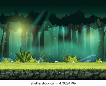 Vector horizontal seamless illustration of forest in a magical mist