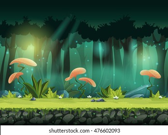 Vector horizontal seamless illustration of forest with mystical flowers