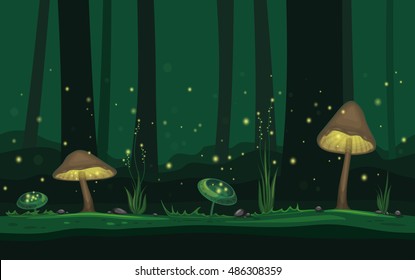 Vector horizontal seamless illustration of magical forest with neon mushrooms in a mist.