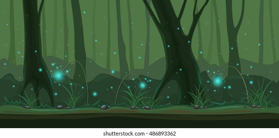 Vector horizontal seamless illustration of magical forest