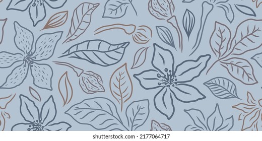 VECTOR HORIZONTAL SEAMLESS LIGHT BLUE FLORAL PATTERN WITH LILIES