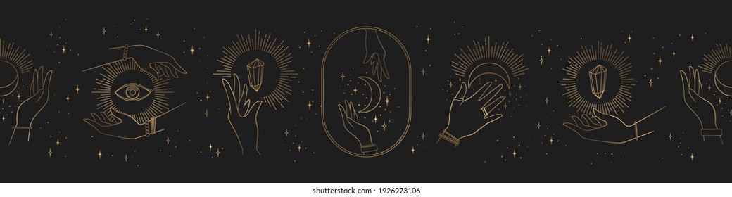 Vector horizontal seamless mysterious pattern with gold abstract hands, sun, moon and stars isolated on black background. Mystical Illustration for print, fabric, card, wallpaper