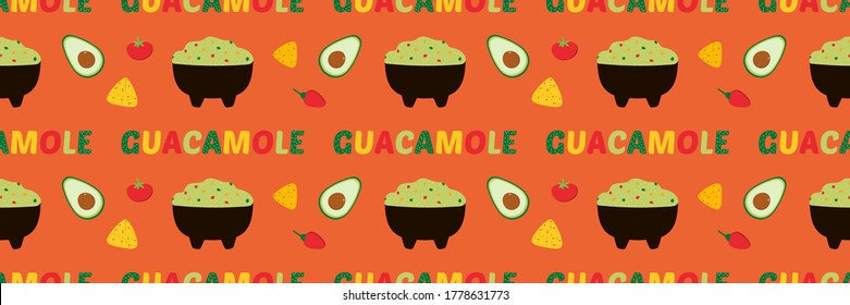 Vector horizontal seamless pattern background with mexican guacamole dip, spread in bowl with vegetables. Avocado, tomato, chili pepper and nacho chips.
