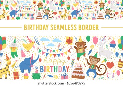 Vector horizontal seamless pattern brush with happy Birthday elements. Traditional anniversary party repeating background. Funny border holiday design for banners, posters, invitations. 
