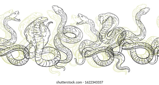 Vector horizontal seamless pattern with different snakes in engraving grunge style. Stock illustration with dangerous venom and cobras. Hand drawn print or tattoo sketch. 