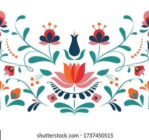 Vector horizontal seamless pattern with flowers and leaves on a white background. Floral ornament based on traditional Hungarian embroidery.