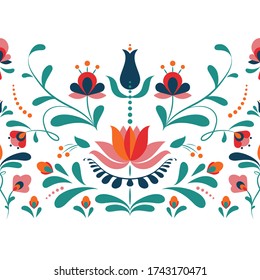 Vector horizontal seamless pattern with flowers and leaves on a white background. Colored floral ornament for printing on souvenirs and embroidery.