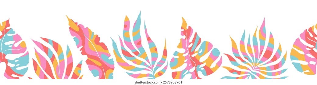 Vector horizontal seamless pattern with groovy abstract monstera and palm leaves isolated on white background. Modern funky  illustration design tropical plant elements for card, print