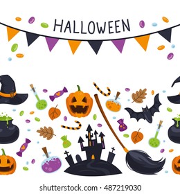 Vector horizontal seamless pattern for Halloween in cartoon style