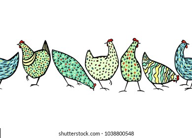 Vector horizontal seamless pattern with hand drawn chickens. Beautiful ink drawing, heavy contour, abstract design elements. Perfect elements for food or farming design.