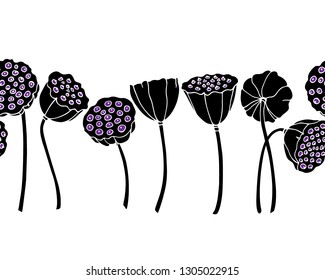 Vector horizontal seamless pattern with hand drawn lotus seed pods. Beautiful floral design elements, ink drawing, perfect for prints and patterns