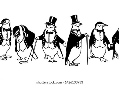 Vector horizontal seamless pattern with hand drawn penguin in black tie. Ink drawing, graphic style, beautiful animal design element