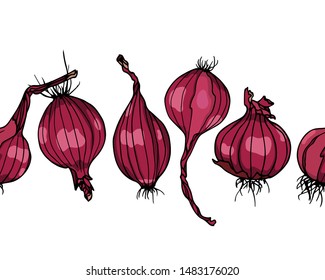 Vector horizontal seamless pattern with hand drawn Redwing onion bulbs. Beautiful food design elements, ink drawing, perfect for prints and patterns