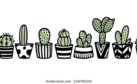 Vector horizontal seamless pattern with hand drawn cacti in painted pots. Ink drawing, graphic style. Beautiful floral design elements, perfect for prints and patterns