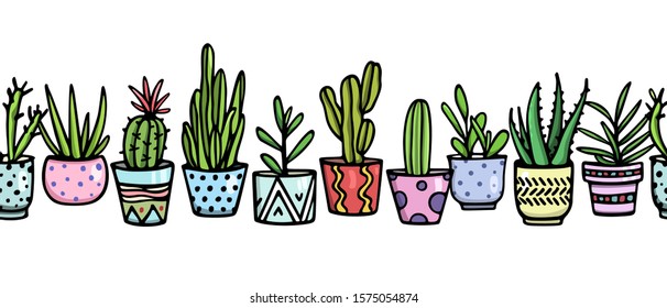 Vector horizontal seamless pattern with hand drawn houseplants in painted pots. Ink drawing, graphic style. Beautiful floral design elements, perfect for prints and patterns