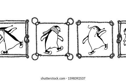 Vector horizontal seamless pattern with hand drawn cute penguins skating on ice  in nautical rope frames. Ink drawing, funny illustration, beautiful design elements. Perfect for prints and patterns
