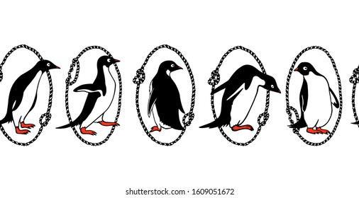 Vector horizontal seamless pattern with hand drawn penguins in nautical rope frames. Ink drawing, beautiful animal and nautical design elements.