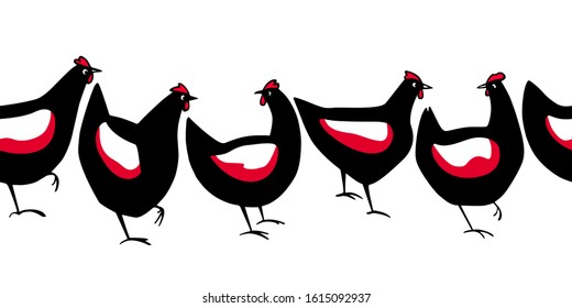 Vector horizontal seamless pattern with hand drawn black hens. Beautiful ink drawing, sweet elements for food or farming design. Perfect for prints and patterns