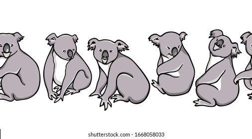 Vector horizontal seamless pattern with hand drawn sweet koalas made with ink. Beautiful animal design elements, perfect for prints and patterns