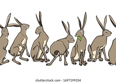 Vector horizontal seamless pattern with hand drawn cute hares. Sweet design elements, beautiful animal illustration, ink drawing. Perfect for prints and patterns