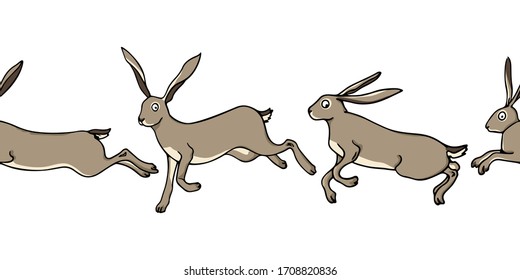 Vector horizontal seamless pattern with hand drawn graceful jumping hares. Sweet design elements, beautiful animal illustration, ink drawing. Perfect for prints and patterns