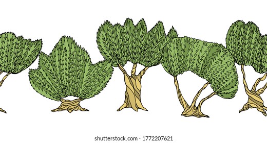 Vector horizontal seamless pattern with hand drawn olive trees. Beautiful design elements, ink drawing, perfect for prints and patterns